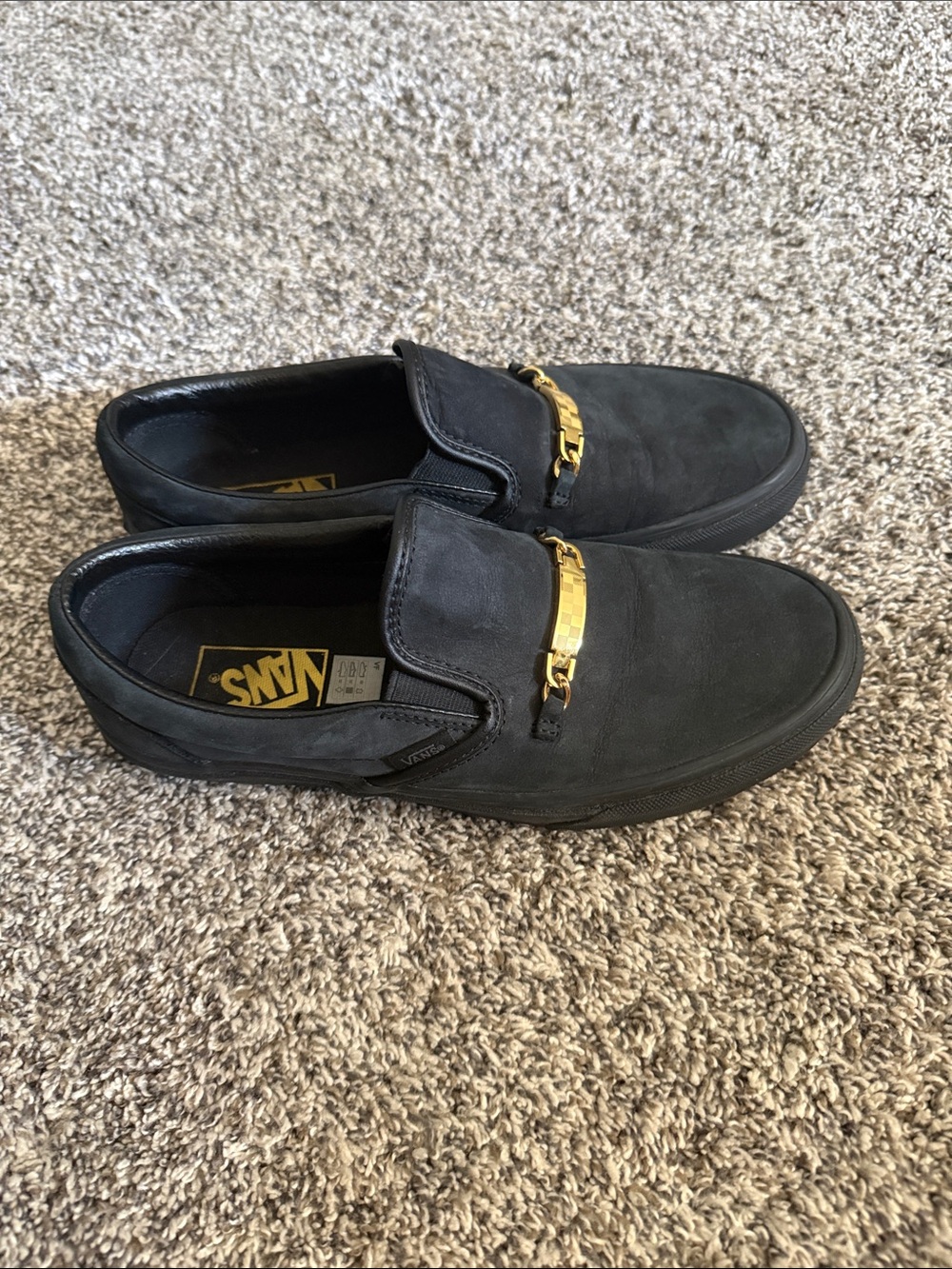 Vans Classic Slip-On Black Suede Gold Chain Skater Shoes